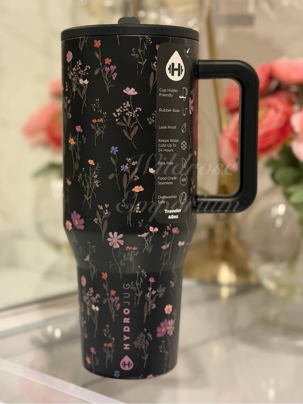 HydroJug 40OZ midnight floral black wildflower garden sport Traveler  tumbler